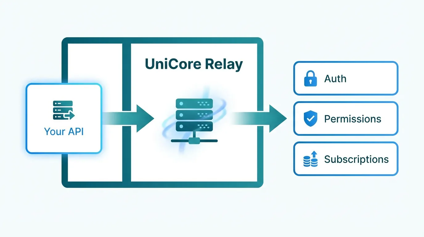 Ein Diagramm einer externen API, die von einem UniCore-Relay umschlossen wird, das Authentifizierung, Berechtigungen und Abonnements ergänzt.